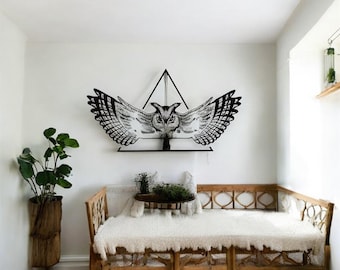 Adorno de pared de metal con forma de búho y alas geométricas, decoración bohemia para el hogar.