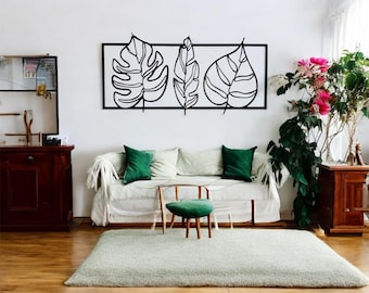 Decoración de pared metálica con hojas tropicales / Decoración moderna de acero negro