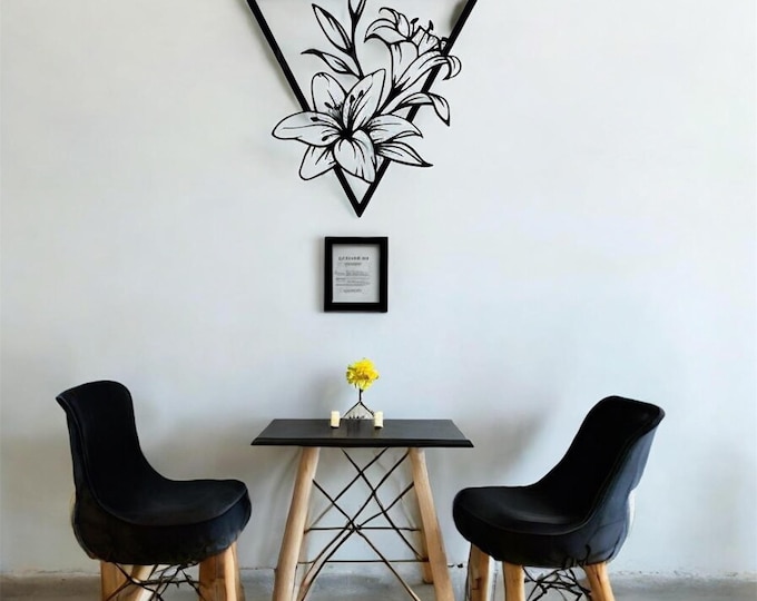 Black Steel Triangle Floral Wall Art | Geometric Lily Home Decor