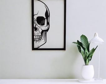 Arte mural de media calavera de acero negro / Decoración gótica para el hogar