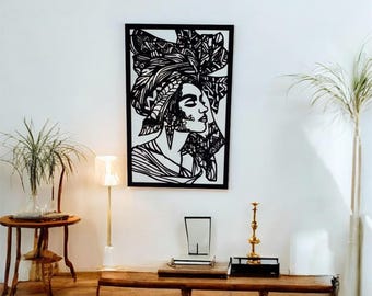 Arte mural de metal con mujer africana / Decoración de silueta tribal de acero negro