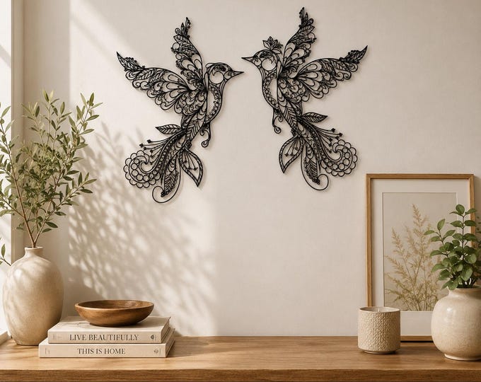 Metal Bird Wall Art Set of 2, Hummingbird Wall Decor, Bird Metal Wall Hanging, Nature Wall Art, Living Room Decor, Bedroom Wall Decor
