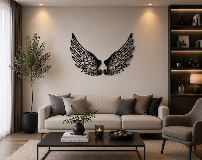 Large Angel Wings Metal Wall Art, Black Feather Decor, Modern Guardian Angel Home