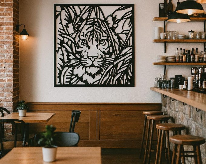 Tiger Metal Wall Art, Jungle Animal Decor, Modern Black Metal Wall Hanging, Wildlife Wall Sculpture, Living Room Bedroom Office Decor