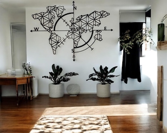 Mapa geométrico del mundo en metal para pared, rosa de los vientos - Decoración moderna en acero negro