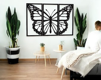 Cuadro de mariposa de acero negro / Silueta de mariposa monarca de tres paneles
