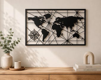 Modern World Map Metal Wall Art, Steel Travel Decor, Geometric Compass Hanging