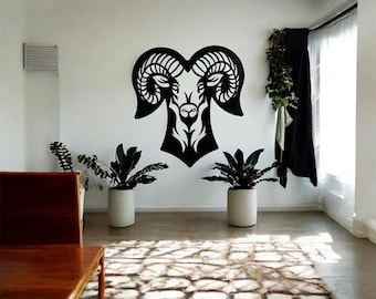 Arte mural de metal con cabeza de carnero / Silueta de animal de acero negro