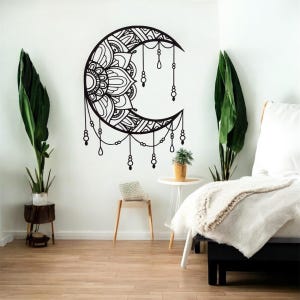Boho Crescent Moon Metal Wall | Mandala Inspired Black Steel Wall Décor | Spiritual Moon Phase Artwork for Bedroom, Meditation Space