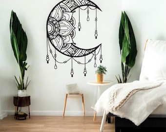 Decoración de pared metálica con forma de luna creciente estilo bohemio / Decoración de acero inspirada en mandalas