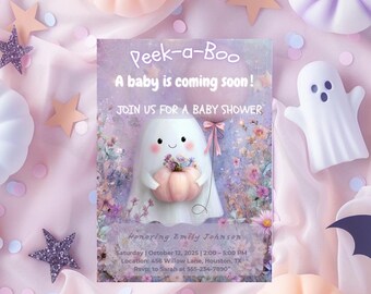 Rosa babyshowerinbjudan, Lilla Bu-spöket-tema, redigerbar Halloween-mall i Canva