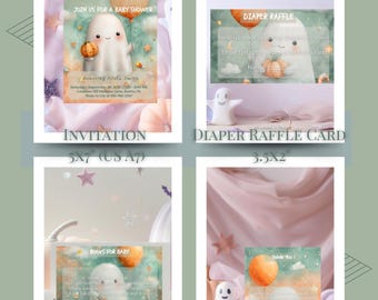 Neutral Ghost Baby Shower Invitation Bundle, Little Boo Canva Template, Editable Invite Set