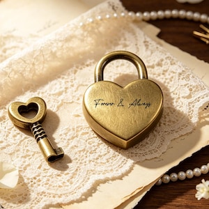May include: A heart-shaped brass padlock with the engraved text Forever & Always and a matching brass key with a heart-shaped bow. The padlock and key are placed on a piece of white lace fabric layered over aged paper, accompanied by a string of pearls.