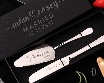 Cubiertos de postre personalizados grabados con caja, recuerdos de boda, kit para cortar pasteles, juego de servir con cortador de pastel grabado con caja para despedida de soltera
