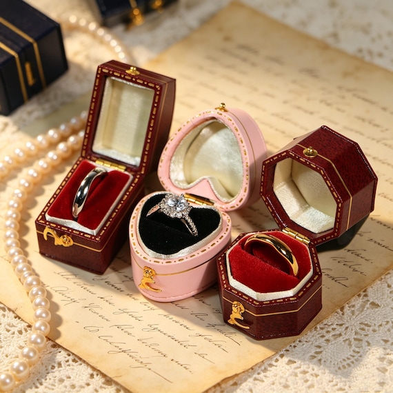 Vintage Octagon Leather Ring Box, Engagement & Wedding Proposal Jewelry Presentation Case