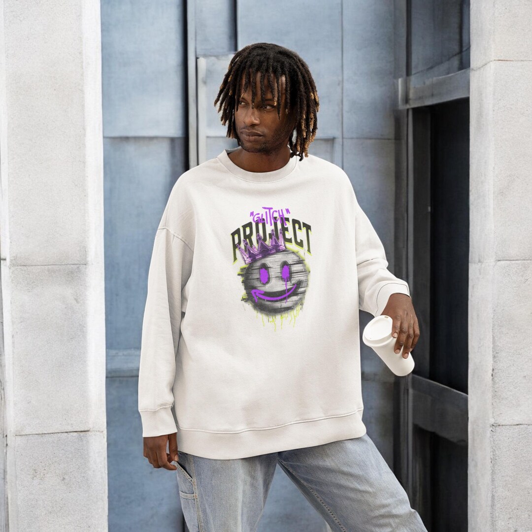 Glitch Project Smiley Face Graphic White Sweatshirt – Trendy Unisex ...