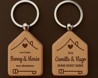 Gepersonaliseerde sleutelhanger set houten huis, cadeau nieuwe woning koppel, sleutelhanger Home Sweet Home koppel, sleutelhanger gepersonaliseerd huispaar