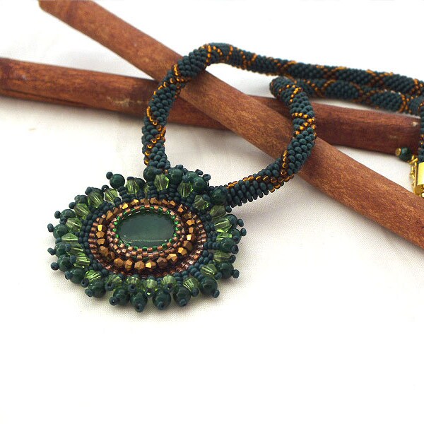 Beaded green rope necklace pendant,jade bead embroidery pendant, bead crochet rope,summer fashion jewelry, seed beads jewelry, beadwork