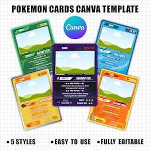 May include: A template for Pokemon cards in five styles. The cards feature a colourful design with space for images, text, and stats. The template is easy to use and fully editable.