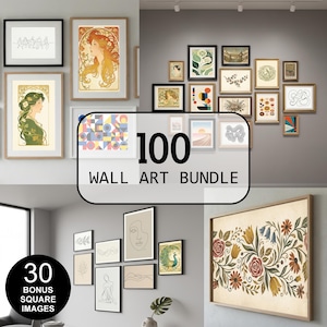 以下が含まれることがあります： ボタニカルプリント、抽象的なデザイン、肖像画など、額入りのウォールアートのコレクション。画像にはさまざまなサイズとスタイルがあり、「100 WALL ART BUNDLE」と書かれたバナーと「30 BONUS SQUARE IMAGES」と書かれたバナーがあります。