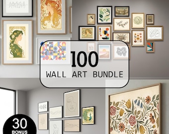 Könnte beinhalten: Eine Sammlung gerahmter Wandkunst, darunter botanische Drucke, abstrakte Designs und Porträts. Das Bild zeigt eine Vielzahl von Größen und Stilen, mit einem Banner mit der Aufschrift "100 WALL ART BUNDLE" und einem weiteren mit der Aufschrift "30 BONUS SQUARE IMAGES".
