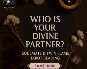 May include: An image promoting a tarot reading service. The text "WHO IS YOUR DIVINE PARTNER?" is prominently displayed on a black background. The image includes crystals, dried flowers, rose petals, a lit candle, and the text "SOULMATE & TWIN FLAME TAROT READING".