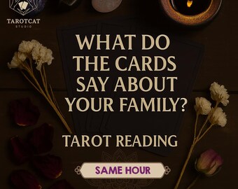 May include: A dark, moody image featuring tarot cards, crystals, dried flowers, and a lit candle. Text on the cards reads "WHAT DO THE CARDS SAY ABOUT YOUR FAMILY?" and "TAROT READING." The image promotes same-hour readings.