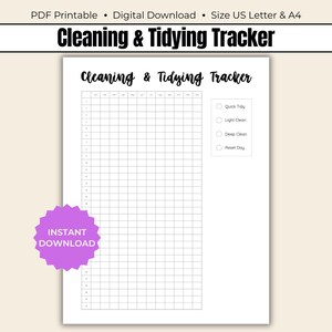 May include: A white Cleaning & Tidying Tracker printable with a grid for tracking cleaning tasks. The title is in a bold, black font. The words "Quick Tidy", "Light Clean", "Deep Clean", and "Reset Day" are listed with checkboxes. A purple sticker says "Instant Download".
