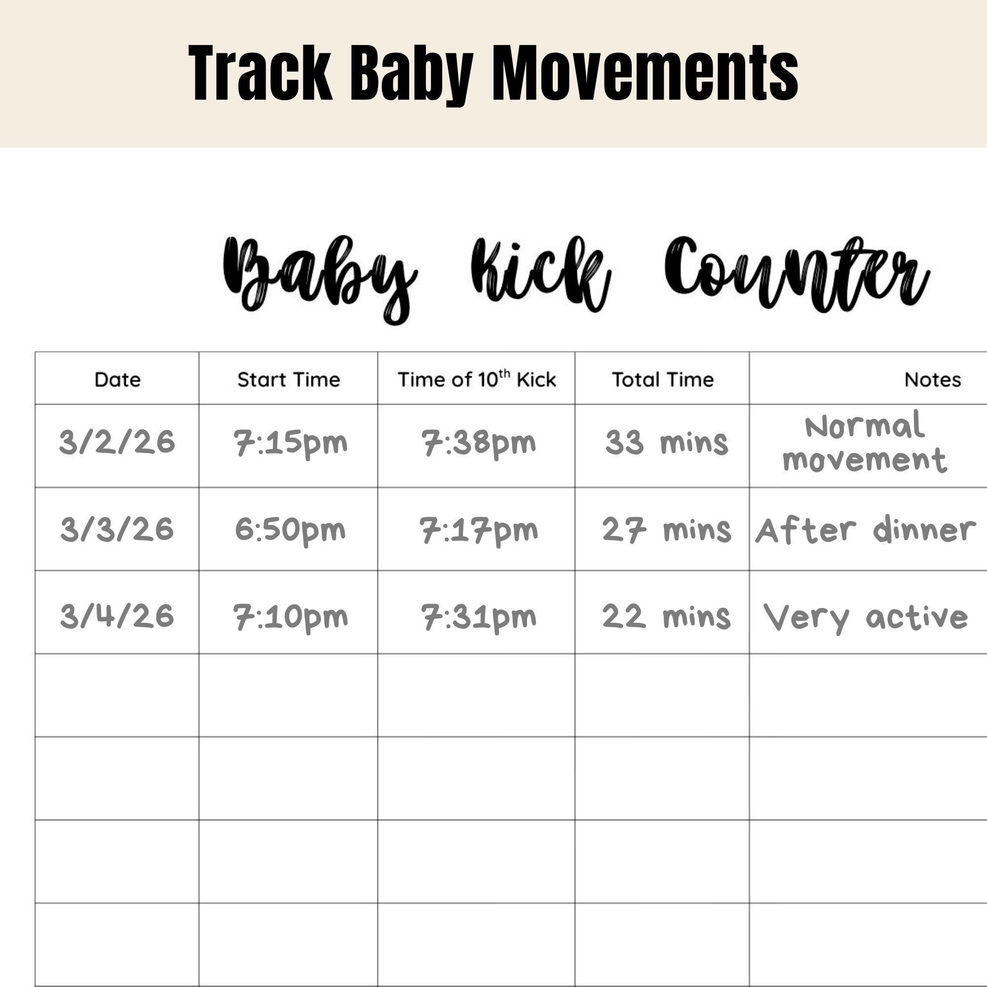 Baby Kick Counter Printable – Pregnancy Kick Tracker Log - Etsy