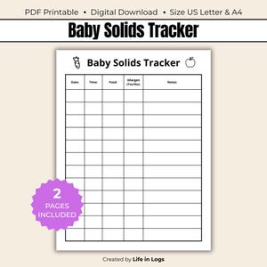 Puede incluir: Un rastreador imprimible de alimentos para bebés con una cuadrícula para registrar la alimentación, los alérgenos y las notas del bebé. El documento incluye secciones para la fecha, la hora y los alimentos. El texto "Baby Solids Tracker" está en la parte superior. Incluye 2 páginas.