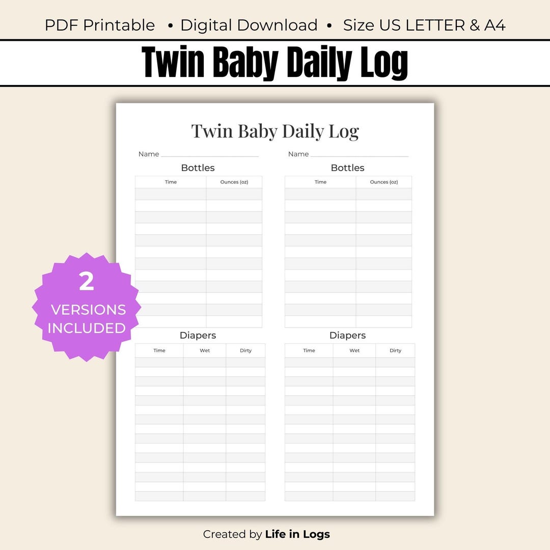 Twin Baby Daily Tracker, Feeding and Diaper Log (digital Download PDF ...