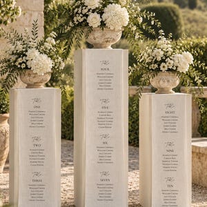 May include: Three tall rectangular pedestals draped with off-white linen runners featuring printed table seating assignments. Each pedestal is topped with a stone urn filled with white roses, hydrangeas, and greenery. The text lists tables one through ten.