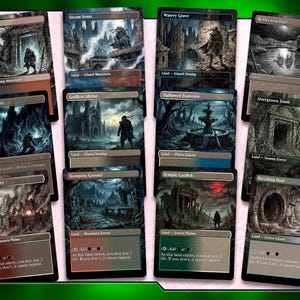 Puede incluir: Una colecci&oacute;n de cartas de juego de cartas coleccionables de fantas&iacute;a. Cada carta presenta ilustraciones detalladas de paisajes y figuras en tonos grises, negros y rojos. Las cartas est&aacute;n dispuestas sobre una superficie verde.