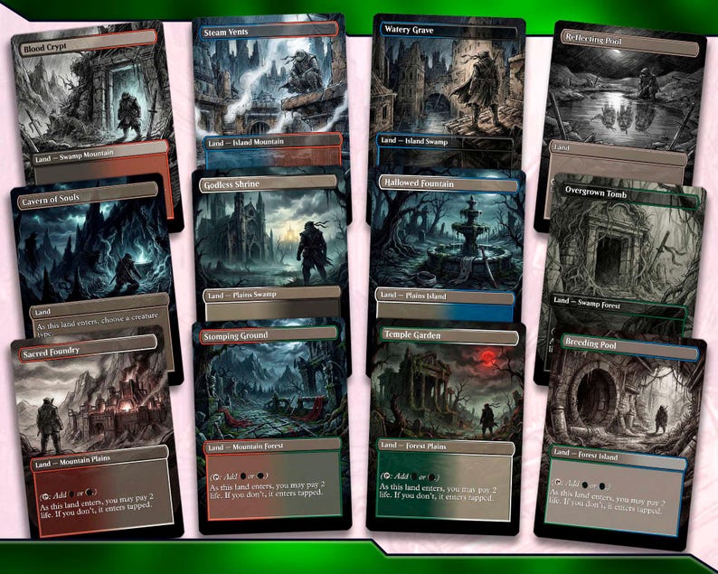 Puede incluir: Una colecci&oacute;n de cartas de juego de cartas coleccionables de fantas&iacute;a. Cada carta presenta ilustraciones detalladas de paisajes y figuras en tonos grises, negros y rojos. Las cartas est&aacute;n dispuestas sobre una superficie verde.