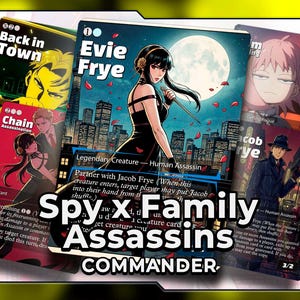 Könnte beinhalten: Eine Sammlung von illustrierten Sammelkarten mit Charakteren aus "Spy x Family". Die Karten zeigen verschiedene Charaktere in Actionposen, mit Text- und Designelementen. Die Karten sind in verschiedenen Farben gehalten, darunter Rot, Schwarz und Gelb.