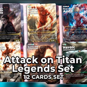 May include: A set of 12 Attack on Titan Legends trading cards. The cards feature various characters and scenes from the anime, with vibrant illustrations and text descriptions. The set includes cards like "Isshin, Two Heavens as One" and "Fire Lord Azula".