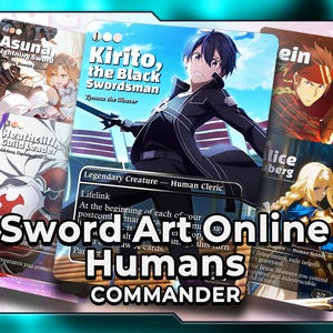 Könnte beinhalten: Eine Sammlung von Sword Art Online Humans Commander Sammelkarten. Die Karten zeigen Illustrationen im Anime-Stil von Charakteren wie Kirito, Asuna und Alice. Die Karten haben verschiedene Farben und Designs, mit Text, der die Charaktere und ihre Fähigkeiten beschreibt.