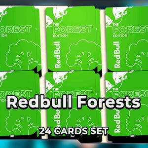 May include: A set of 24 rectangular cards featuring a bright green background with white graphics of a tree and a bull. The text on each card reads THE FOREST EDITION and Red Bull. The words Redbull Forests and 24 CARDS SET are overlaid.