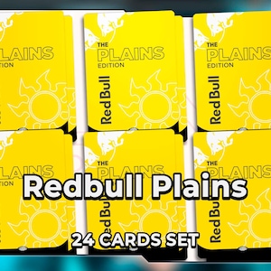 May include: A set of 24 rectangular cards featuring a bright yellow background with the text THE PLAINS EDITION and Red Bull printed in black. Each card displays a stylized sun graphic and a bull silhouette, organized in a grid of six stacks.