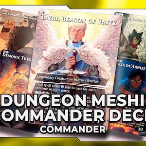 以下が含まれることがあります： ファンタジーをテーマにしたトレーディングカードのコレクション。キャラクターやクリーチャーのイラストが描かれています。「Tazri, Beacon of Unity」や「Dungeon Meshi Commander Deck」などのテキストがダイナミックに配置されています。
