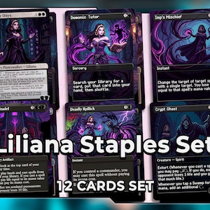 Puede incluir: Un conjunto de 12 cartas de Magic: The Gathering con Liliana, con una combinación de colores púrpura oscuro y negro. Las cartas incluyen "Professor Onyx", "Demonic Tutor" e "Imp's Mischief". El texto "Liliana Staples Set" se muestra.