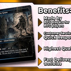 Puede incluir: Una carta de Magic: The Gathering titulada "Watery Grave" con una ilustraci&oacute;n oscura y detallada de una figura en una ciudad. La carta es una Land - Island Swamp. El texto a la derecha enumera beneficios, incluyendo "Highest Quality".