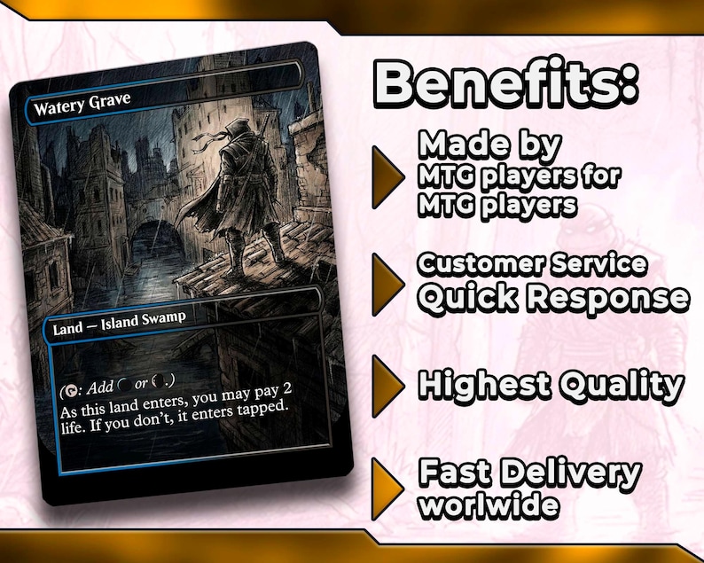 Puede incluir: Una carta de Magic: The Gathering titulada "Watery Grave" con una ilustraci&oacute;n oscura y detallada de una figura en una ciudad. La carta es una Land - Island Swamp. El texto a la derecha enumera beneficios, incluyendo "Highest Quality".