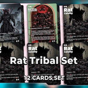 May include: A set of 12 trading cards featuring rat-themed artwork. The cards display various rat characters, including a legendary creature and rat colonies. The text "Rat Tribal Set" and "12 CARDS, SET" are visible.