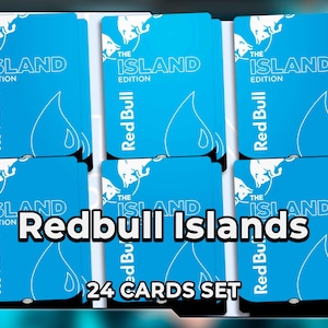May include: A set of 24 rectangular playing cards with a bright blue background. Each card features the white Red Bull logo, the text THE ISLAND EDITION, and a white outline of a water droplet. The text Redbull Islands 24 CARDS SET is visible.