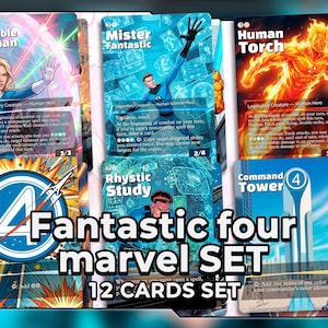 May include: A collection of 12 Marvel Fantastic Four trading cards. The cards feature characters such as Invisible Woman, Mister Fantastic, and Human Torch. The set includes a Sol Ring and Command Tower card. The text "Fantastic four marvel SET" is displayed.