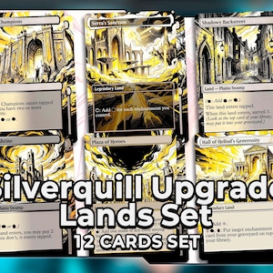 May include: A set of 12 Silverquill Upgrade Lands cards. Each card features detailed illustrations of buildings and landscapes in shades of yellow, black, and white. The text "Silverquill Upgrade Lands Set" and "12 Cards Set" is displayed.