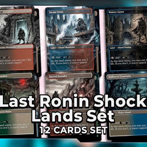 May include: A set of twelve Magic: The Gathering trading cards, featuring fantasy art of various landscapes. The cards are labeled "Last Ronin Shock Lands Set" with the text "12 CARDS SET". Each card has a unique design and color scheme.