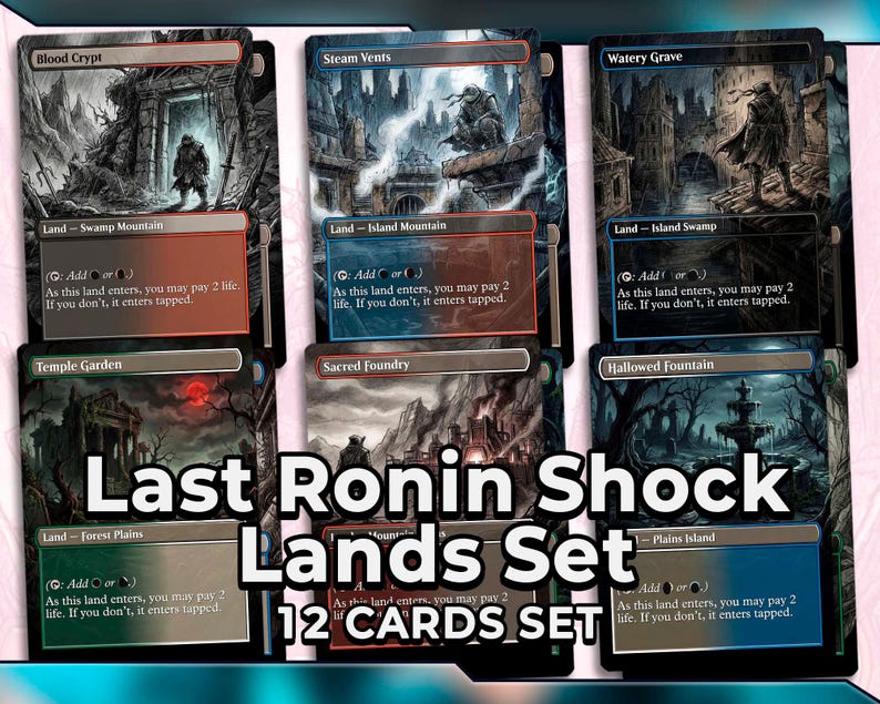 Puede incluir: Un conjunto de doce cartas coleccionables de Magic: The Gathering, con arte de fantas&iacute;a de varios paisajes. Las cartas est&aacute;n etiquetadas como "Last Ronin Shock Lands Set" con el texto "12 CARDS SET". Cada carta tiene un dise&ntilde;o y esquema de color &uacute;nicos.