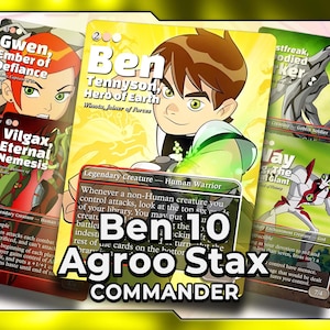 May include: A collection of Ben 10 trading cards featuring characters like Ben Tennyson, Gwen, and Vilgax. The cards have colorful illustrations and text, with the words "Ben 10 Agroo Stax Commander" prominently displayed.